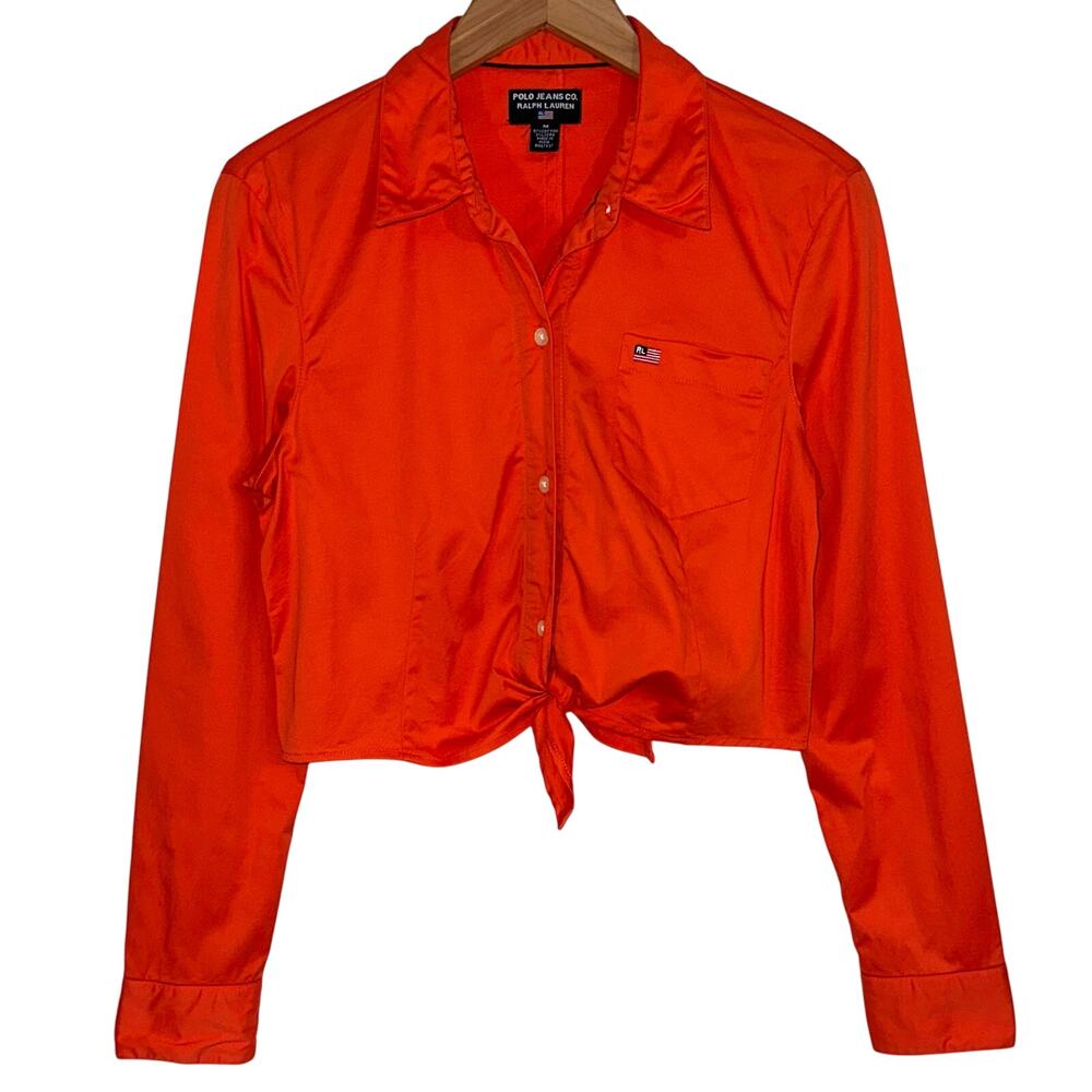 Vintage 90s Ralph Lauren Polo Jeans Co Orange Button Up Tie Waist Y2K Crop Top M